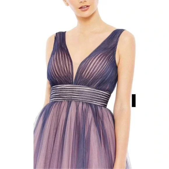 Mac Duggal 20403 Indigo Ombré Tulle Sleeveless V-Neck Midi Dress - Reemoly